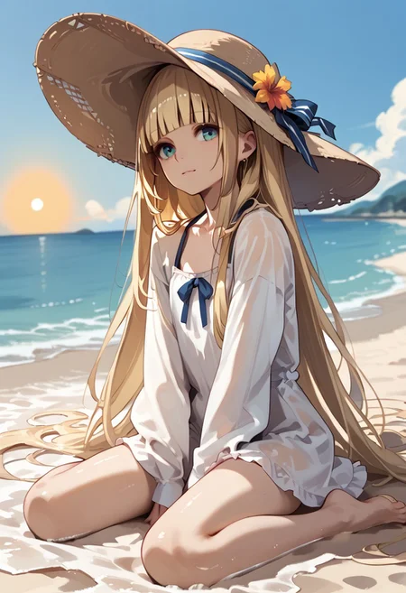 score_9, score_8_up, score_7_up, score_6_up, score_9, score_8_up, Sana Kashimura, 1girl, blonde hair, blunt bangs, sitting in sand, long hair, solo, very long hair, swimsuit, sun hat, beach background, sunset.