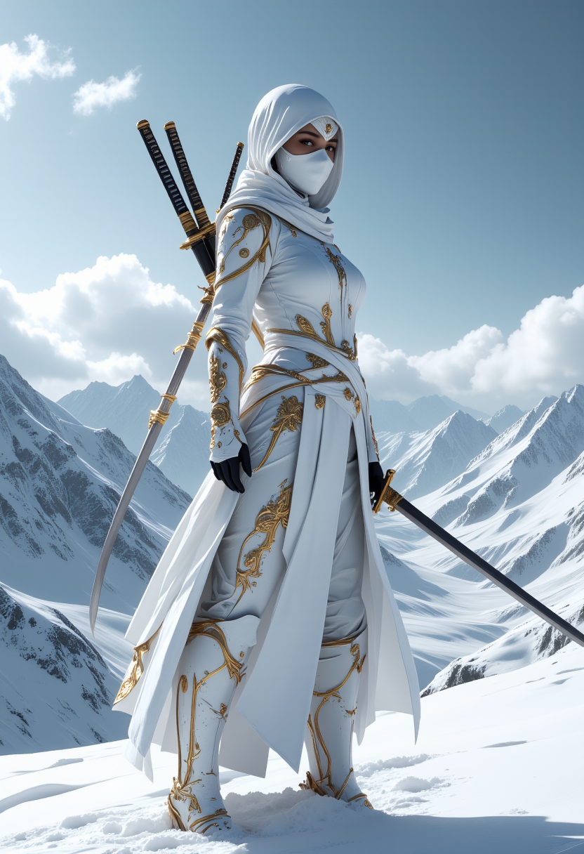 The scene presents a serene yet dynamic contrast of a lone warrior in a pristine snowy mountain range. This figure is a white-clad ninja, exuding an aura of quiet strength. Her sleek, futuristic attire is etched with intricate golden designs that not only speak to her skill and elegance but also suggest a deep connection with both tradition and modernity. Her poised stance, with a mask concealing her identity, hints at the mysterious nature of her existence. Three katana swords rest securely on her back, which may be an indicator of her readiness for battle, yet her calm presence implies that the true strength lies in patience and focus.
