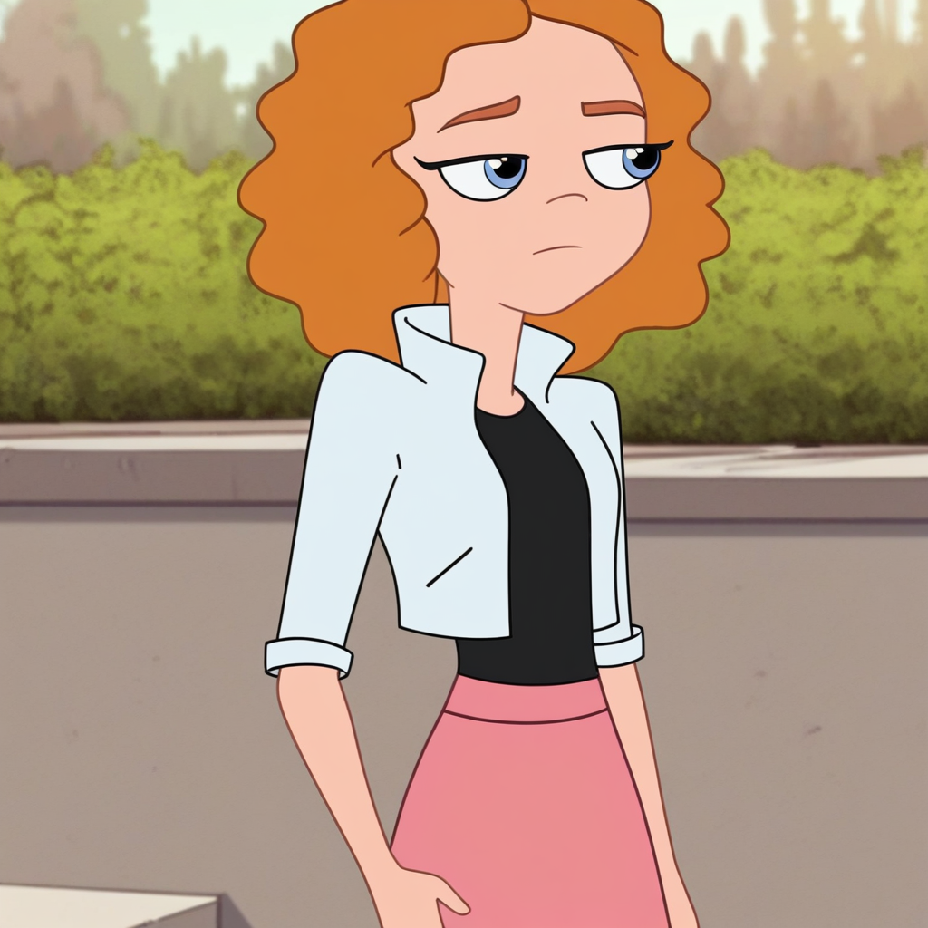 score_9, solo, melissa, brown hair, blue eyes, black shirt, pink skirt, jacket, outdoors
