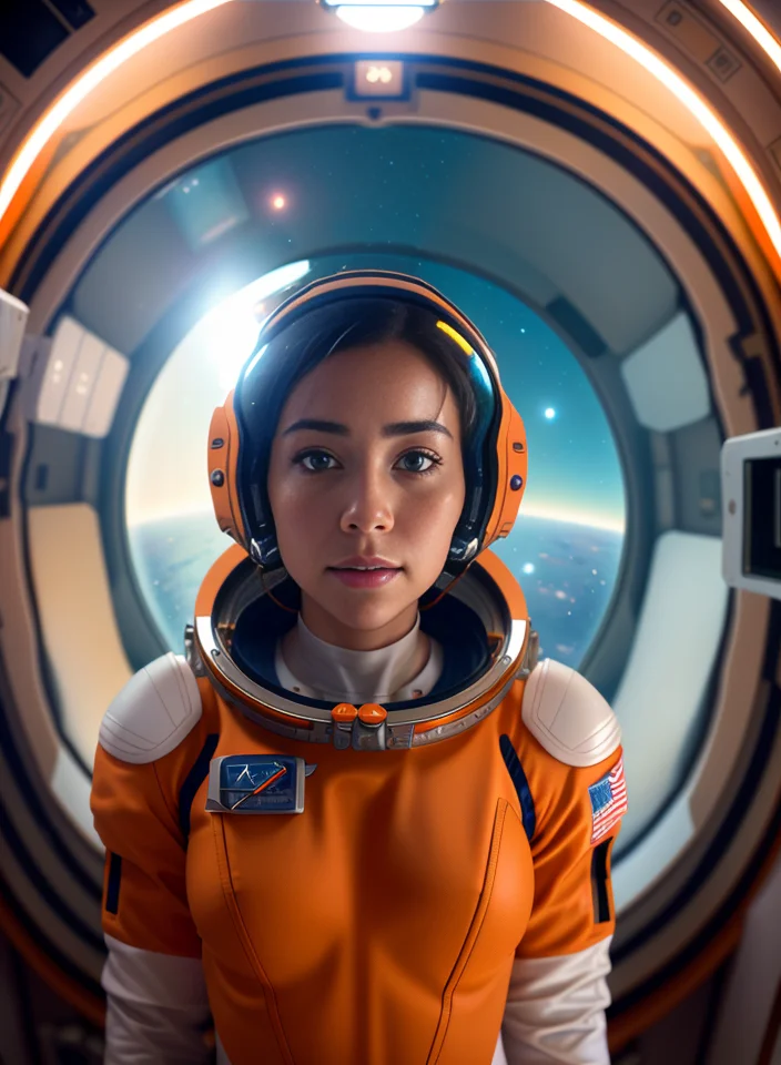 Intricately detailed cinematic film still, of (female astronaut, wearing tight orange and white space suit, no helmet), (inside the international space station), (looking out window at planet earth), toned body, cute, perfect face, alluring eyes, (Nasa:0.7), tranquility, (observation module, cupola:0.5), (highly detailed, hyperdetailed), natural lighting, Solid-state LED lighting, deep field of view, film grain, photographed on a Fujifilm GFX 100, 105mm macro lens, F/8 aperture, ISO 100, sharp focus, Gravity 2013 film still