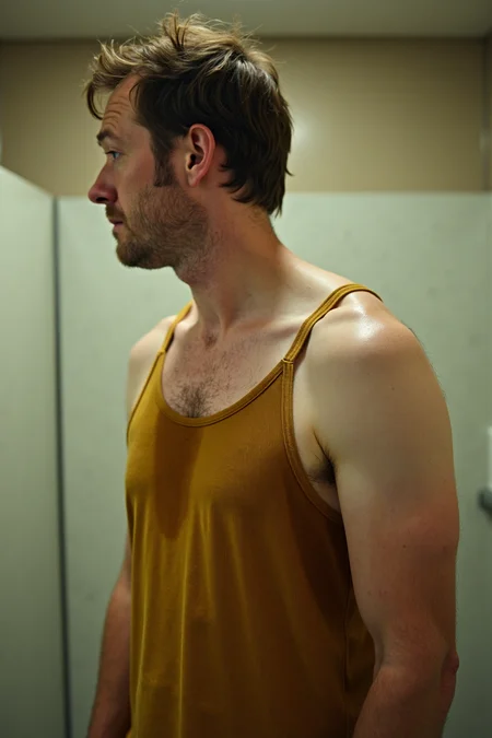 medium full body portrait photo of dude jackman side view standing in a public bathroom, wearing a dark-mustard-tank top stringer shirt, (shirt with sweat:1.2), [(large wet-spots-smudges underarm on shirt:1.5),::0.45] (s3t on armpit:1.1), sweat on shirt, natural lighting, thin-straps, 4k uhd, dslr, soft light, high quality, Fujifilm XT3
 <lora:flux\clothes\Sweaty Shirt Flux v6 rmrg_preset8.safetensors:0.9:0.9> <lora:flux\clothes\Sweaty Shirt flux v5.5 rmrg_preset7.safetensors:0.4:0.4>