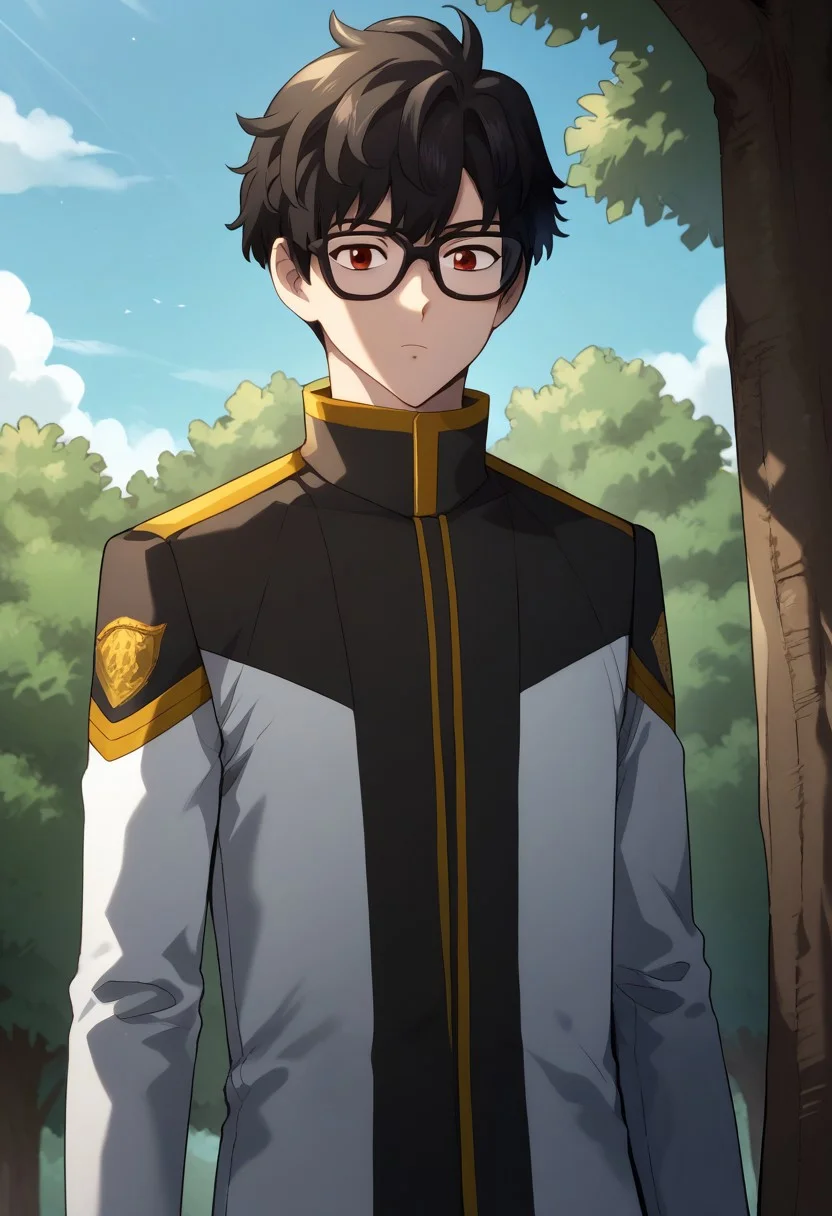 score_9, score_8_up, score_7_up, source_anime, highly detailed,
vikir, 1boy, male focus, solo, black hair, short hair, bangs, red eyes, glasses, black-framed eyewear, school uniform, multicolored clothes, jacket, brown jacket, white jacket, long sleeves, bored, looking at viewer,
outdoor, sky, tree, clouds,