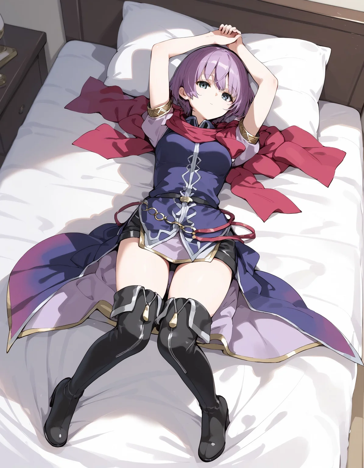 score_9, score_8_up, score_7_up, score_6_up, BREAK source_anime, best quality, masterpiece,
1girl,<lora:katarina fehPonyXL:0.8>,katarina feh,scarf,purple dress,black belt,o-ring belt,black shorts,thigh boots,full body,lying on back,on bed,arms up,expressionless,looking at viewer,from above
