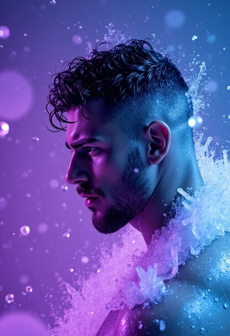 hamanv1, water droplets create a wet water effect on skin.
((You are a professional photographer working with an analog photo camera, making masterpiece sensual photographs. Photos are non-explicit, but they are exceptionally emotional, alluring and sensual)).
Color: deep ultraviolet.
This is a mesmerizing photo portrait. of a man arching back on an ice block. A very masculine, handsome, alluring, tempting, masculine, virile, hairy, lean and slender Arabian man, broad shoulders, extremely tiny waist, waved by deep ultraviolet smoke and vapor, draped in deep ultraviolet silk robe with <var :color> metallic details, jagged deep ultraviolet crystals in hair, and deep ultraviolet jewels in attire. He has dark tattooed skin, deep ultraviolet lips, rugged face shows determination.<break> He has defiant nose, puffy full lips, and bottomless large deep ultraviolet-in-deep ultravioleteyes. Long tussled curly (vividly deep ultraviolet-colored hair :1.9) frames his face. Airborne deep ultraviolet crystals and ice shards fly around, airborne deep ultraviolet dust in sun beams forms the explosion cloud. The dramatic deep ultraviolet lighting casts a serene glow around them, adding depth and dimension to the scene. The deep ultraviolet snow cave is full with deep ultraviolet icicles, deep ultravioletjagged crystals, and swirling deep ultraviolet snowflakes, deep ultraviolet frosted walls enhancing the magical atmosphere. The overall composition balances ethereal beauty, rage, and explosive will of the man captured by deep ultraviolet ice, his physical strength and ice frost. Light deep ultraviolet hue, lens flare, glare, prismatic effects, hyper-realistic, vivid psychedelic mood, soft shadows. Hyper-detailed, long exposure, photorealistic, ornate, intricate, intrinsic details, cinematic shot, bokeh. ((Dutch angle!)). Imposing side view, perfect rendering, real, masterpiece of photography, very detailed, very high quality, 8K, UHD, HDR, sharp focus on man's face and torso, shallow depth of field.