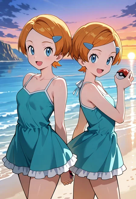 2girls, , masterpiece, best quality,anime screenshot,anime coloring,pokemon
<lora:twinsfrlg_pokemon_v1_IL:0.6>, frlgtwins,twins,orange hair, aqua dress,very short hair, off-shoulder dress, hairclip, forehead,swept bangs,breasts, sleeveless, frilled dress,
open mouth, cowboy shot,looking at viewer,smile,holding poke ball, shore,outdoors, sunset,