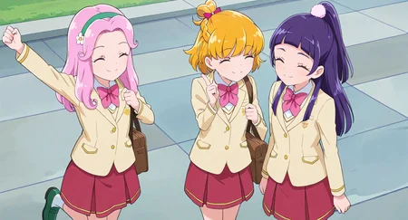 <lora:mahoutsukai_precure_all_in_one_illustXL_locon_v1:0.7> masterpiece, best quality, absurdres, very aesthetic, general, 3girls, tiles, grey background, outdoors, closed eyes, ^ ^, smile,
hanami kotoha, pink hair, long hair, shiny hair, hair intakes, parted bangs, curly hair, closed eyes, green hairband, hair flower, white flower, eyelashes, eyebrows visible through hair, jhschl uniform, school uniform, yellow jacket, blazer, white shirt, collared shirt, long sleeves, pink bowtie, pink neckwear, red skirt, pleated skirt, red neckwear, white legwear, white socks, loafers, green footwear, standing on one leg, ^ ^, clenched hands, closed mouth, school bag, brown bag, raised fist, holding bag, smile, looking at another,
asahina mirai, jhschl uniform, school uniform, blonde hair, short hair, half updo, shiny hair, braid, hair bow, pink bow, eyebrows visible through hair, closed eyes, eyelashes, yellow jacket, blazer, white shirt, collared shirt, long sleeves, pink bowtie, pink neckwear, red skirt, pleated skirt, red neckwear, white legwear, white socks, ^ ^, index finger raised, pointing up, closed mouth, standing, smile, holding bag, school bag, brown bag, looking at another,
izayoi liko, jhschl uniform, school uniform, purple hair, blunt bangs, shiny hair, half updo, ponytail, sidelocks, long hair, pom pom hair ornament, straight hair, (closed eyes:1.2), eyelashes, eyebrows visible through hair, yellow jacket, blazer, white shirt, collared shirt, long sleeves, pink bowtie, pink neckwear, red skirt, pleated skirt, red neckwear, white legwear, white socks, ^ ^, closed mouth, index finger raised, pointing up, smile, holding bag, school bag, brown bag, standing, looking at another,