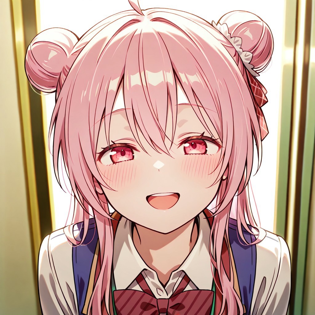 masterpiece, best quality, 32k, high resolution, absurdres, matsuzaka satou, double bun, POV, looking at viewer, blush, smile, open mouth, upper teeth only