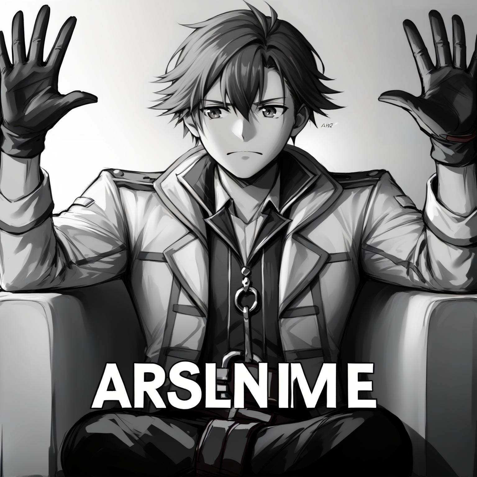 score_9, score_7_up, BREAK,  <lora:rean-pdxl-nvwls-v1:1>, sen3rean, black hair, white coat, black shirt, black gloves, red belt, black pants <lora:absolutecinemav1:1>, absolutecinema, english text, hands up, upper body, crossed legs, monochrome, greyscale,