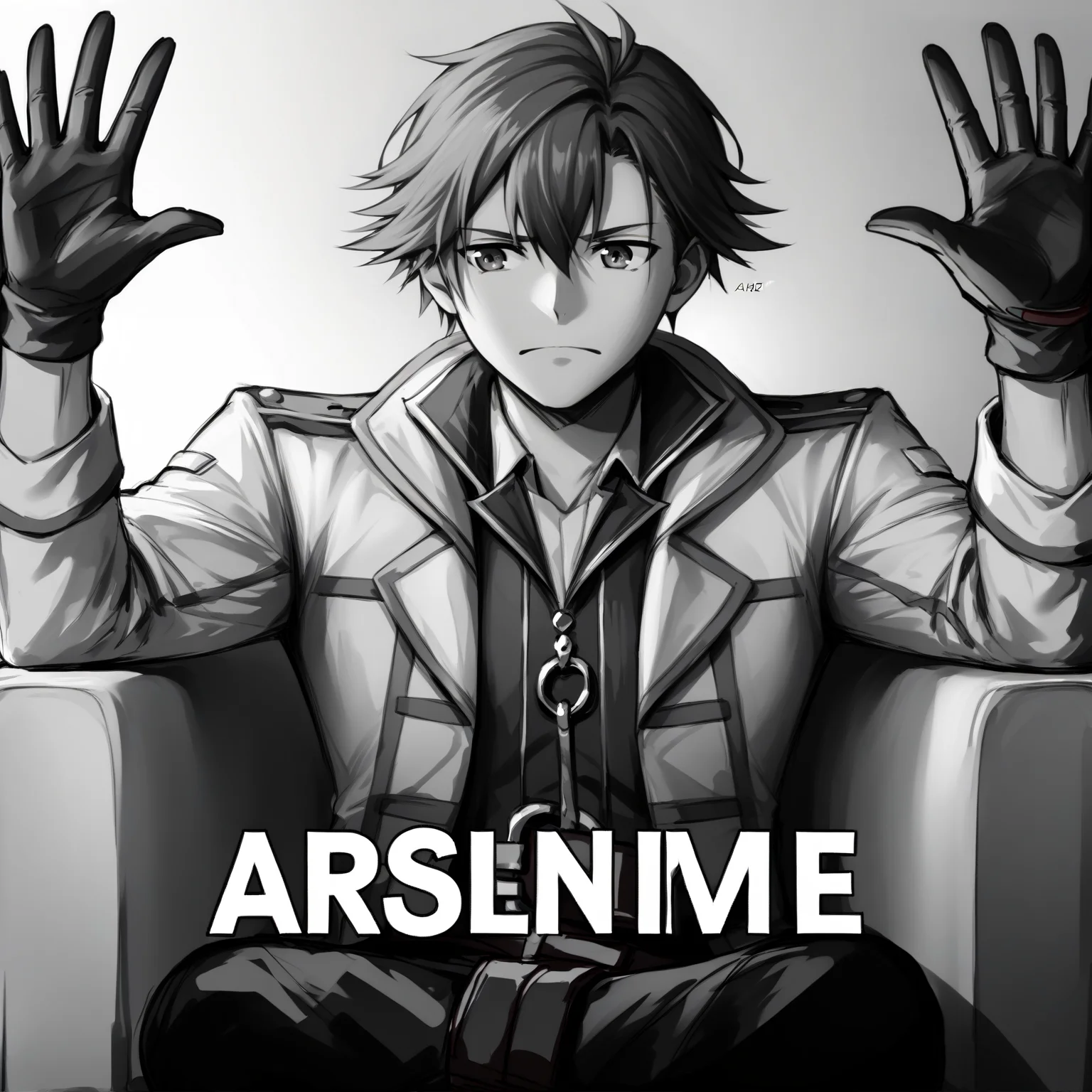 score_9, score_7_up, BREAK, <lora:rean-pdxl-nvwls-v1:1>, sen3rean, black hair, white coat, black shirt, black gloves, red belt, black pants <lora:absolutecinemav1:1>, absolutecinema, english text, hands up, upper body, crossed legs, monochrome, greyscale,