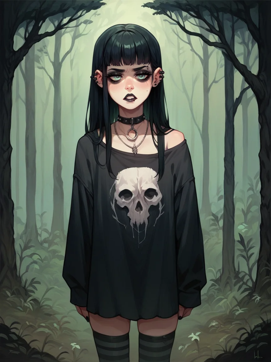 score_9, score_8_up, score_7_up, score_6_up, score_5_up, score_4_up, <lora:k3h03XLP:0.7> k3h03, 1girl, goth, forest,