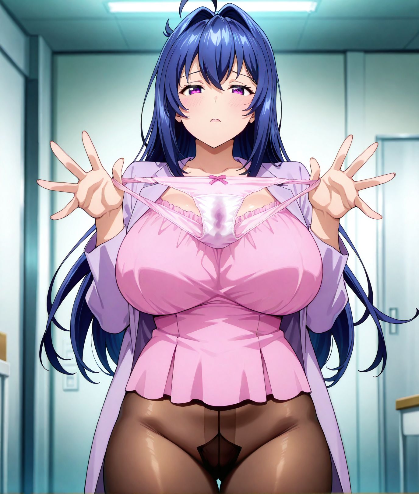 masterpiece, best quality, newest, absurdres, highres, detailed eyes, beautiful, detailed background, perfect eyes, anime coloring, anime screencap,<lora:add-detail-xl:0.5>
<lora:Holding_pantiesV1:0.5>Holding_pantiesV1,
1girl,underwear,breasts,panties,solo, hands up,
looking at viewer, stained panties,
both hands pulling panties apart, fingers spread,
no panties, 5fingers,stretching panties ,
maken-ki!, official art, 
Health room, 
pink shirt, light purple jacket, 
<lora:Aki_Nijou二条_秋マケン姫っ通:0.8>
Health room, Aki Nijou,blue hair, long_hair, ahoge, purple eyes, huge_breasts, hakui,brown pantyhose, breasts, 
milf,20YO,