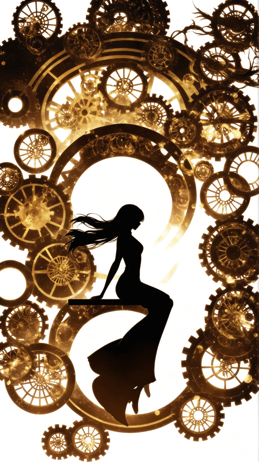 masterpiece, top quality, best quality, beautiful, aesthetic, 1girl, gold gears, full body, transparent background, long hair, tight dress, from side, floating hair, sitting, silhouette, harada miyuki style, <lora:harada_miyuki_style-illustrious-v1-2:0.65>