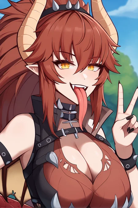 score_9,
<lora:zentreya_v1_pruned:1>, zentreya, zendragon,
black skirt,
open mouth, tongue out, long tongue, smug,
upper body, from side, looking at viewer,
peace sign, outdoors,
high resolution, Masterpiece,
by aaaa