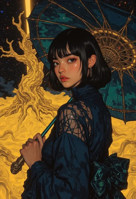 **(pingtu style, illustration-fen, niji, gothic, erotic, anime, A highly detailed dramatic digital illustration, high contrast, toxic colors) A young woman with deep bronze skin and short, wavy indigo hair, framing her sharp features. She is depicted in a semi-profile, facing slightly to her left, with her head turned towards the viewer. Her almond-shaped eyes glow with an intense golden hue, creating a striking contrast against her rich complexion.  
She holds a large, intricate black parasol adorned with a geometric pattern in iridescent teal and copper. The parasol’s handle, gripped in her right hand, has a deep emerald hue, standing out against her skin.  
She wears a sheer, midnight-blue lace kimono with a high collar and an ornate, structured bow at the back. The lace features an intricate parametric web-like pattern, blending organic and mechanical elements for a futuristic aesthetic.  
She stands amidst a surreal, ethereal landscape. At the center, a majestic tree with a thick, gnarled trunk glows with golden energy, its sparse branches merging into a dense, radiant cloud of light. Surrounding the tree, undulating golden hills ripple like waves, covered in countless tiny glowing specks resembling stars or fireflies. Above, a beam of golden light ascends through a dark, star-filled sky, creating a celestial atmosphere. The background’s deep blackness accentuates the luminous elements, crafting a mesmerizing and otherworldly scene.