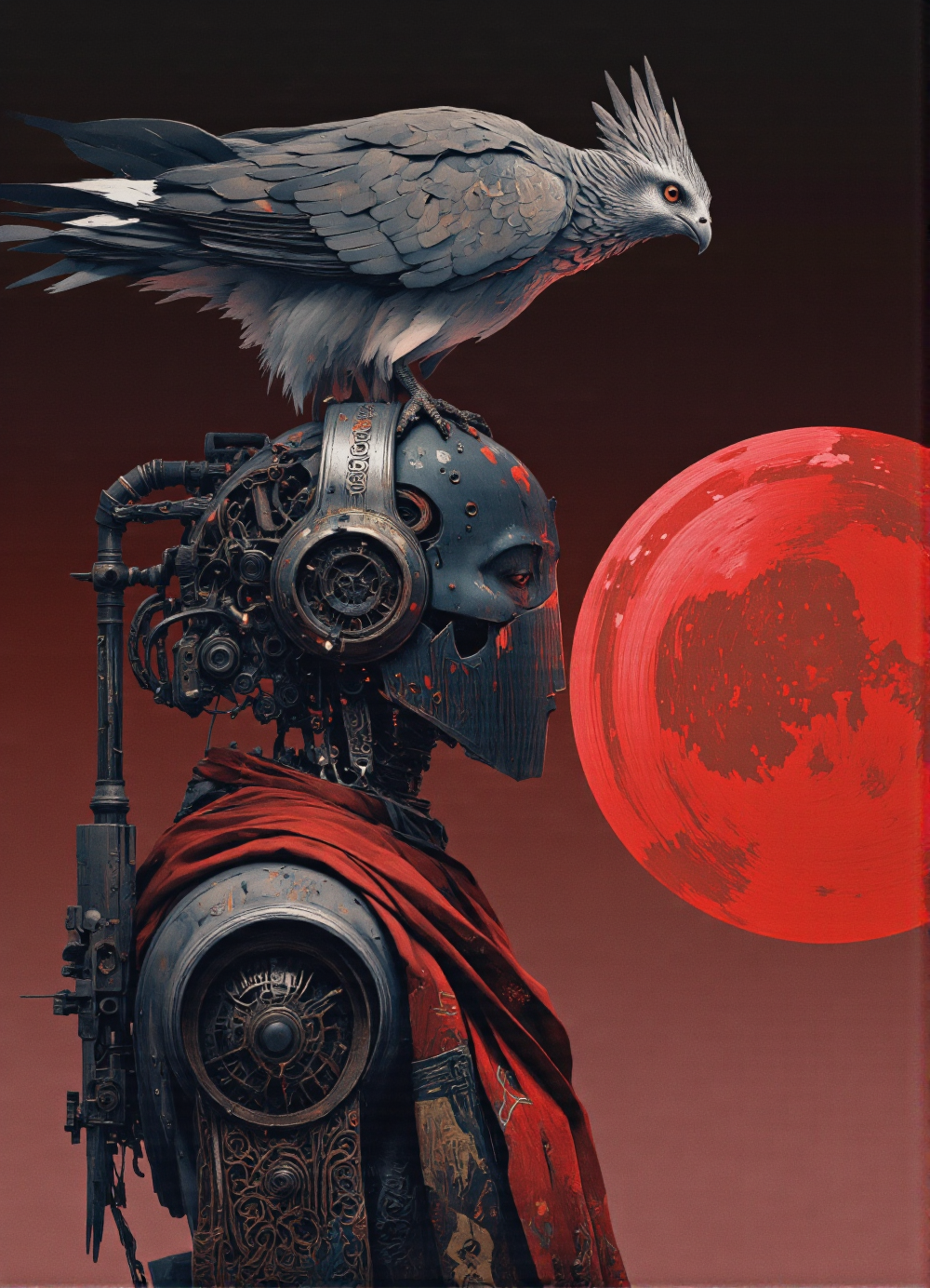 Art par Alexey Egorov. Une illustration numérique tire à partir d'un angle de caméra de profil sur un robot humanoïde avec un oiseau perché sur sa tête, situé sur un fond de gradient rouge et noir vibrant. Le robot, positionné au milieu de l'image, porte une armure sombre et ornée avec des motifs complexes et une écharpe rouge drapée autour de son cou. Au-dessus de la tête du robot, un oiseau est perché, ses plumes un mélange de gris et de blanc, ses yeux se concentrent attentivement sur quelque chose au loin. L'oiseau semble être un faisan, avec ses ailes réparties, comme si elle était sur le point de prendre son envol. Le fond présente une grande lune rouge brillante, jetant une lueur chaude sur la scène. L'ambiance globale est mystérieuse et captivante, en mettant l'accent sur le robot et son oiseau.