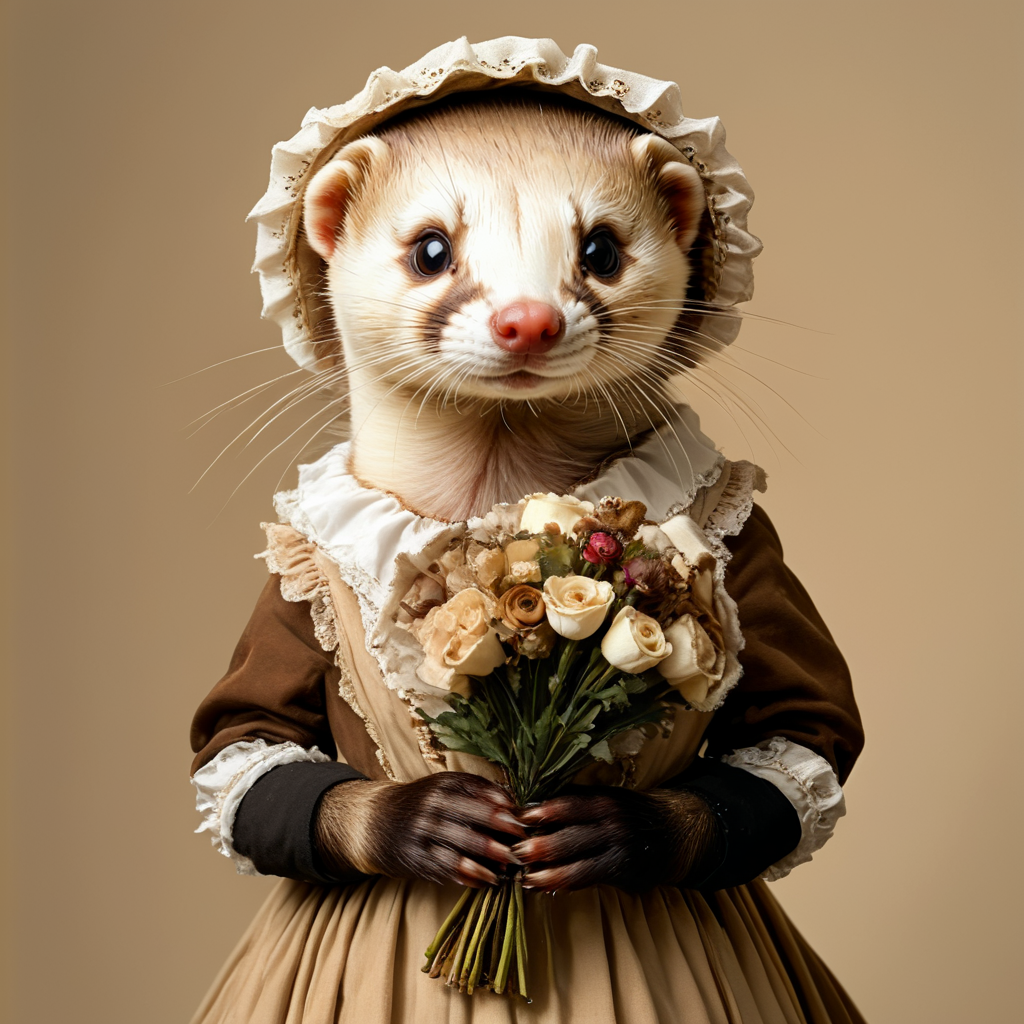 <lora:AnthropomorphicSDXL:1> Anthropomorphic, cinematic setting, The image shows a ferret wearing a dress and bonnet holding a bouquet of flowers in its hands. The ferret has a white and brown coat and the background is a combination of brown and black., flower, bouquet, no humans, solo, blue eyes, holding, bow, white flower, brown background, looking at viewer