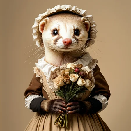 <lora:AnthropomorphicSDXL:1> Anthropomorphic, cinematic setting, The image shows a ferret wearing a dress and bonnet holding a bouquet of flowers in its hands. The ferret has a white and brown coat and the background is a combination of brown and black., flower, bouquet, no humans, solo, blue eyes, holding, bow, white flower, brown background, looking at viewer