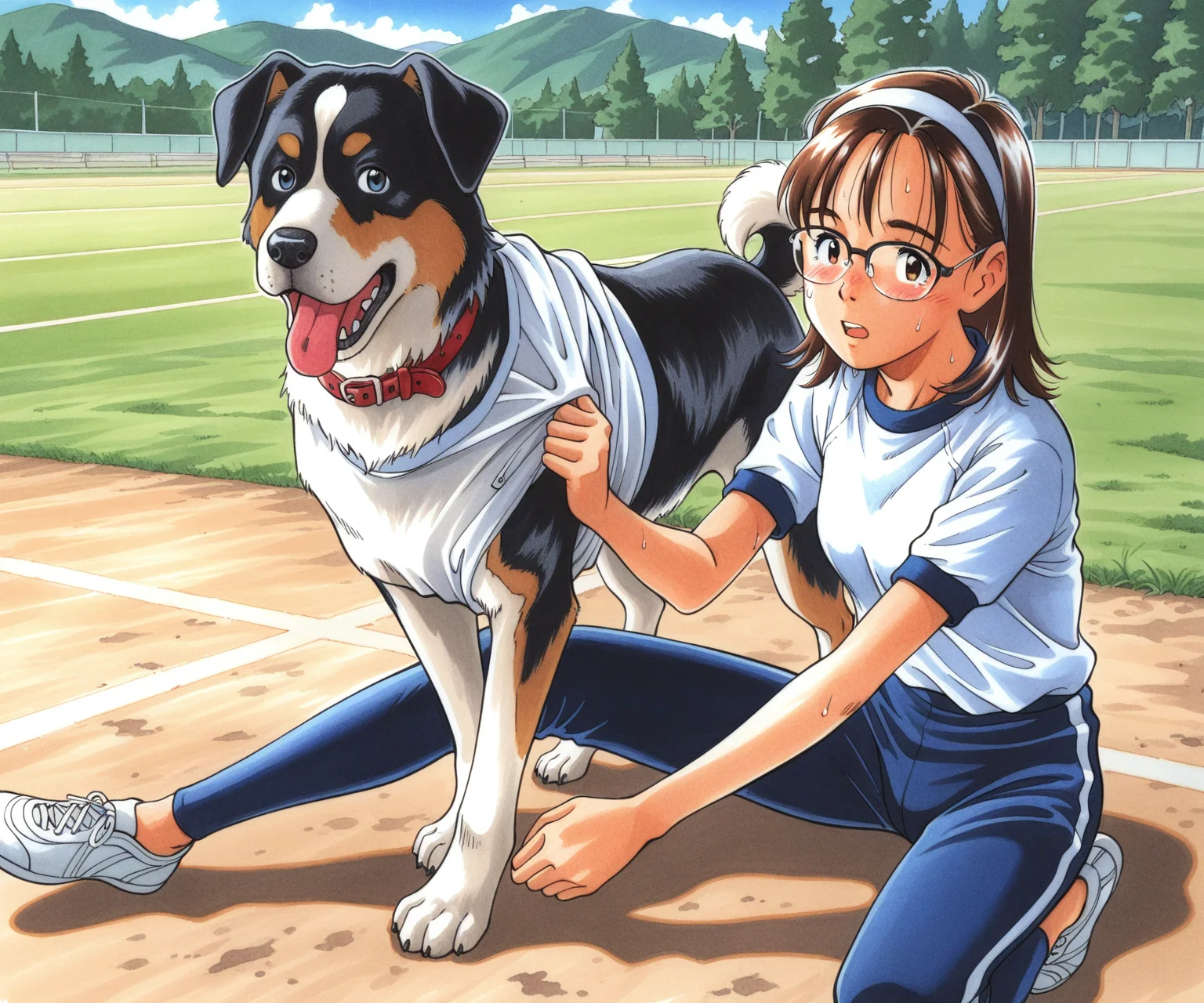 masterpiece, best quality, amazing quality, , 1girl, solo,  gym uniform, pants, outdoors, medium hair, glasses, <lora:Kurita Yuugo style ILL-v2:1.2> kuritayuugo, dog,