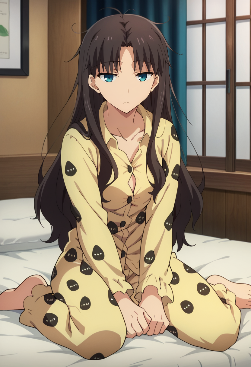 score_4, score_5, score_6, score_9, score_8_up, score_7_up, source_anime,
<lora:FateStayNightUBW_TohsakaRin:0.8>, TohsakaRin,
1girl, closed mouth, sleepy,
brown hair, hair down, long hair, parted bangs, blue eyes, messy hair, 
RinPajamas, pajamas, animal print,
looking at viewer, sitting,
indoors, on bed
