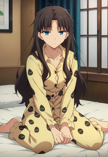 score_4, score_5, score_6, score_9, score_8_up, score_7_up, source_anime,
<lora:FateStayNightUBW_TohsakaRin:0.8>, TohsakaRin,
1girl, closed mouth, sleepy,
brown hair, hair down, long hair, parted bangs, blue eyes, messy hair, 
RinPajamas, pajamas, animal print,
looking at viewer, sitting,
indoors, on bed
