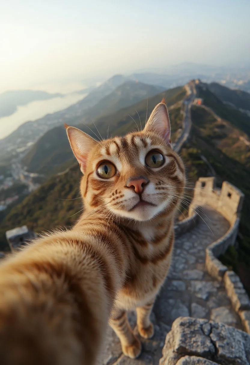 Cat taking a selfie at the Chinese great wall