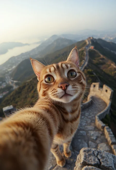 Cat taking a selfie at the Chinese great wall