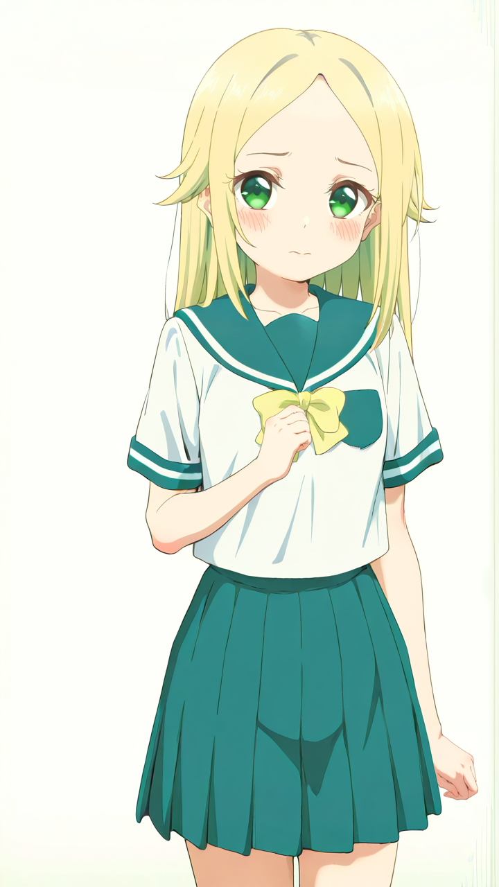 white_background,simple background,1girl,solo,full_shot,looking_at_viewer,blush,anime screenshot,sincos,<lora:Matsugasaki_Karen_Illustrious_v2:1>,Matsugasaki Karen,front view,school uniform,serafuku,skirt,short sleeves,shy,, masterpiece, best quality