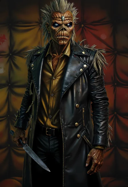 a man holding a knife, wearing a stricktjacket