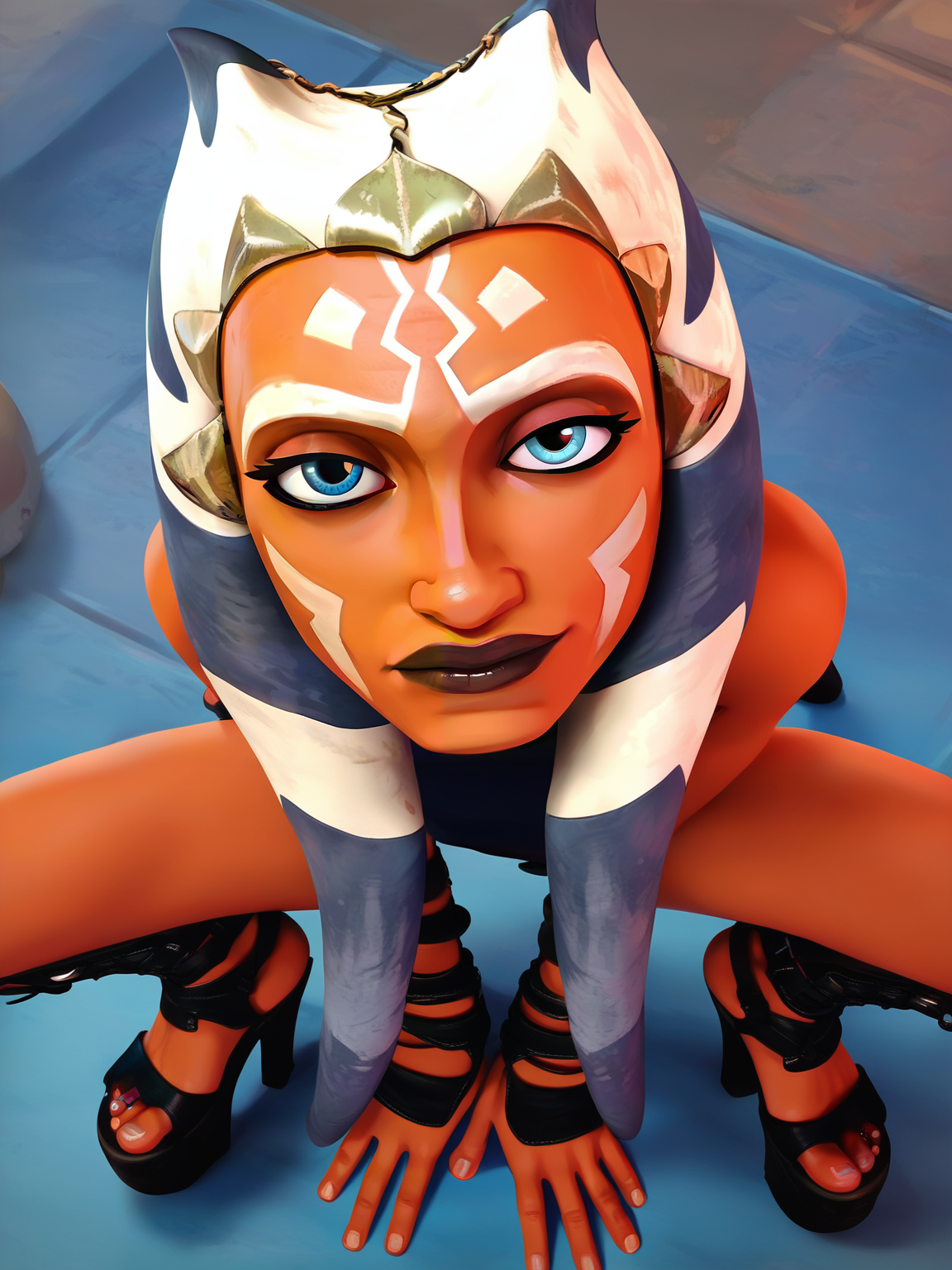 <lora:Lilandava_PDXL:1> lilandavastyle, <lora:Asoka_Tano:0.5> a_t, 1girl, orange skin, white and blue hair, tentacle hair, blue eyes, tattoo on face, dark lips,  looking at viewer, squatting, front view, spreading legs, platform heels, score_9, score_8_up, score_7_up,