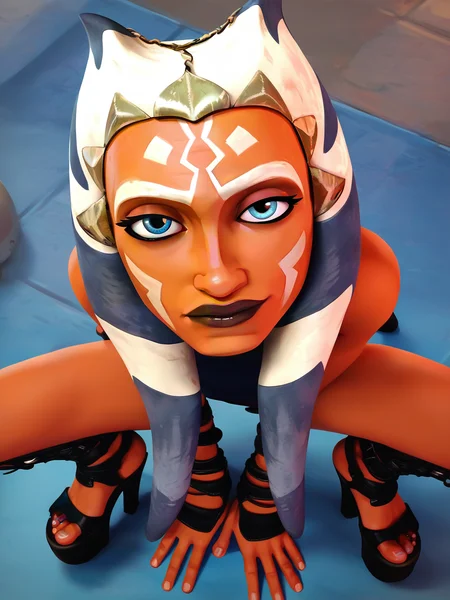 <lora:Lilandava_PDXL:1> lilandavastyle, <lora:Asoka_Tano:0.5> a_t, 1girl, orange skin, white and blue hair, tentacle hair, blue eyes, tattoo on face, dark lips, looking at viewer, squatting, front view, spreading legs, platform heels, score_9, score_8_up, score_7_up,