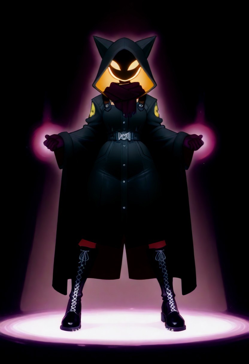 masterpiece, dark, full portrait, amber, 4k
female, age 18, standing, head tilt left, charge, dynamic pose
Coat: A loose, baggy women's coat with a hood, in a deep violet or dark burgundy shade. The fabric has a soft but sturdy texture, giving it a slightly dramatic drape.
Scarf: A thick, dark scarf made of chunky, soft fiber (possibly wool or a similar material), wrapped over the coat to cover the neck for warmth and style.
Gloves: Half-finger gloves made of black fiber, slightly textured, giving a casual yet edgy feel.
Boots: Black gothic boots with chrome accents, such as metallic toecaps, buckles, or decorative studs. The boots are sturdy, slightly oversized, and lace-up to complement the overall look.
Silhouette: A slightly oversized and relaxed aesthetic, with baggy elements contributing to a cozy, mysterious vibe.
neon eyes