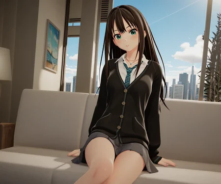 masterpiece, best quality, amazing quality, , 1girl, solo, looking at viewer, shibuya rin, cardigan, shirt, skirt, outdoors, <lora:New Kizuna AI ILL-v2:1> newkizunaai, 3d,