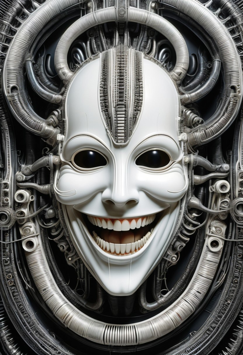 detailxl, high quality,
(black blank background:1.2)
(white mask, big smile, big teeth:1.4),
(mechanical, organs, engine, wires, contraptions, pipes), 
(painting illustration by HG Giger:1.8)