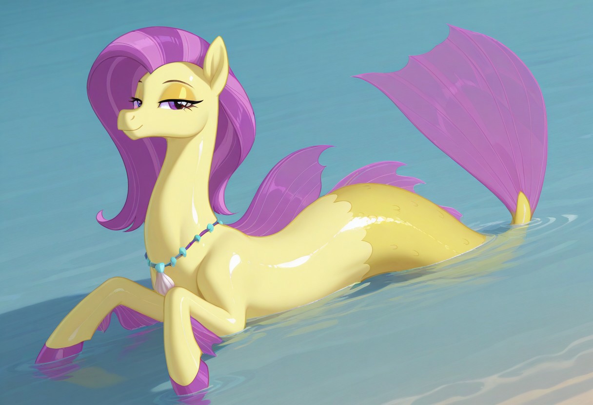 (masterpiece:1.2), (best quality:1.2), (very aesthetic:1.2), (absurdres:1.2), (detailed background), newest, sharp focus, perfect light, dynamic light, natural light, (best quality), my little pony, ocean flow, solo, water, purple eyes, 1girl, shell necklace, jewelry, no humans, purple hair, yellow skin, fins, looking at viewer, lidded eyes, yellow eyeshadow, dutch angle, shiny skin, glossy skin, shiny hair, glossy hair, full body, lying on back, beach, in water, siren, hippocampus, mermaid tail