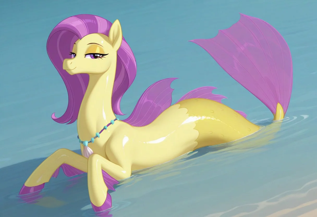 (masterpiece:1.2), (best quality:1.2), (very aesthetic:1.2), (absurdres:1.2), (detailed background), newest, sharp focus, perfect light, dynamic light, natural light, (best quality), my little pony, ocean flow, solo, water, purple eyes, 1girl, shell necklace, jewelry, no humans, purple hair, yellow skin, fins, looking at viewer, lidded eyes, yellow eyeshadow, dutch angle, shiny skin, glossy skin, shiny hair, glossy hair, full body, lying on back, beach, in water, siren, hippocampus, mermaid tail