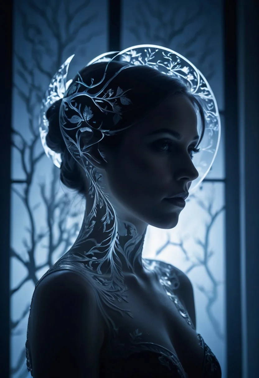 Cold Lighting, Well-visualised, opulent, Silhouette, double exposure, masterpiece, positive emotions, sharp focus, beautiful elegant, Depth of field 100mm, stunningly beautiful background,