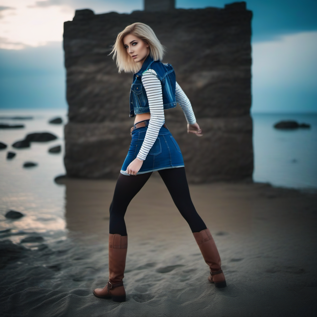 cinematic photo a platinum woman, beach, jean jacket, black tights, jeans miniskirt, brown boots <lora:Android18-1024:0.8> . 35mm photograph, film, bokeh, professional, 4k, highly detailed
