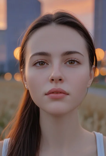 30yo american woman in a wheat field
Small eyes. Brown eyes.
Wearing white tank top. no makeup. Clear skin.  realistic skin style
Long dark black slick back hair. No makeup. Dusk, Street light. Looking at camera POV. Slight smile, tilting head.. Tilt head. Hands in head, face, lips.
Medium Close Up shot. Bokeh. Heavy Bokeh light. Dawn. yellow, red, purple orange. sky.