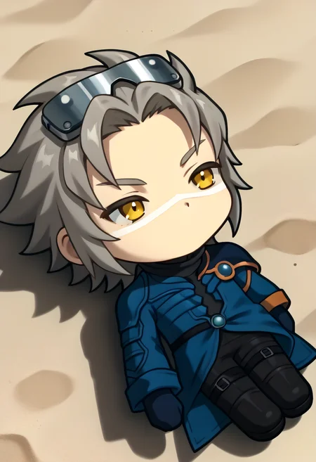 score_9, score_7_up, source_anime, 1boy, <lora:QiqiFallen_XLPD:1.2> QiqiFallen, lying, on back, chibi, <lora:WesPKMN-pdxl:1> w3s, spiky hair, grey hair, goggles on head, yellow eyes, facial mark, black turtleneck, blue coat, single pauldron, asymmetrical sleeves, long sleeves, black gloves, black pants, black boots, sand