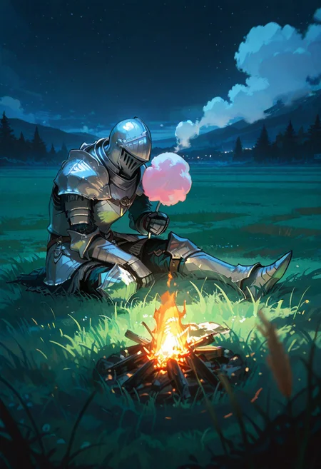 masterpiece, best quality, amazing quality, flat colors, high detailed, high quality, high resolution, 4k , male , solo , 1boy, Knight, silver armor of Dark souls, In a meadow, sitting, campfire, holding 1 cotton candy  , night, green grass, alone, beautiful night sky