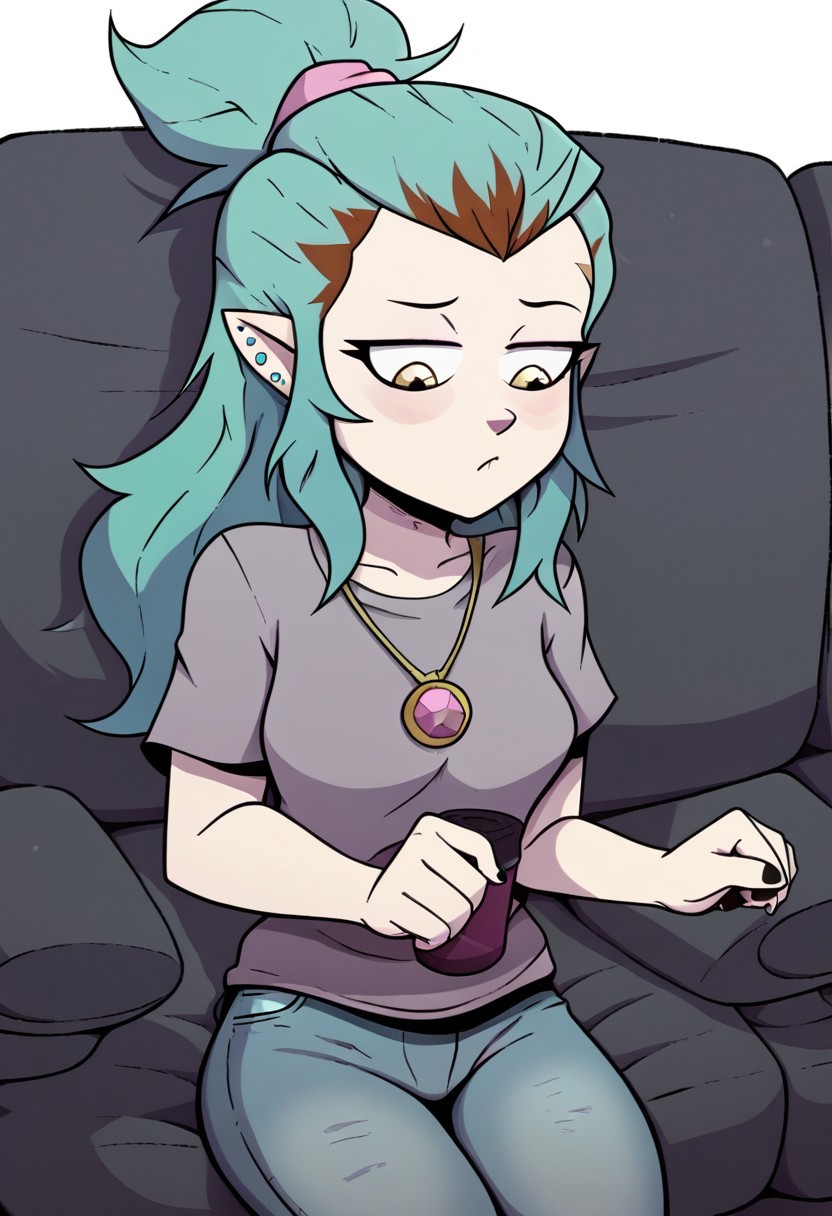 deadinsidestyle, cha, solo, sitting on lounge, jeans, grey t-shirt,
