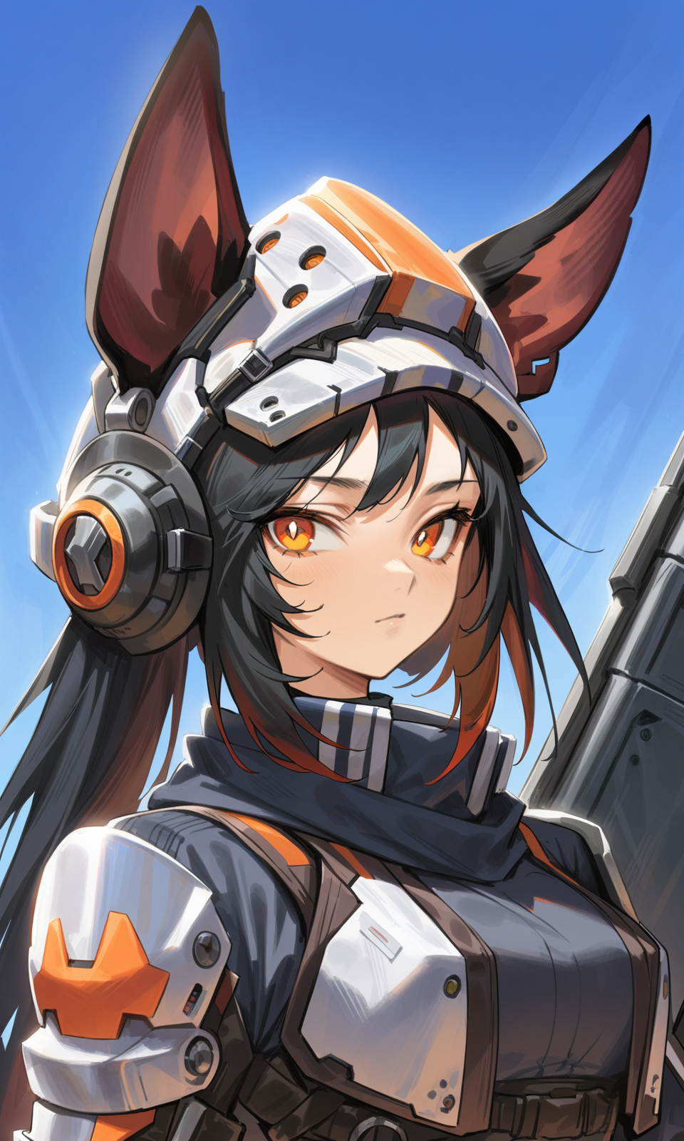 agoto, 1girl, solo, animal ears, black hair, helmet, standing, looking at viewer, orange eyes, upper body, portrait, outdoors, sky, 
masterpiece, best quality, very aesthetic, absurdres,
<lora:Agoto_xl:1><lora:Fixhands_anime_bdsqlsz_V1:1>