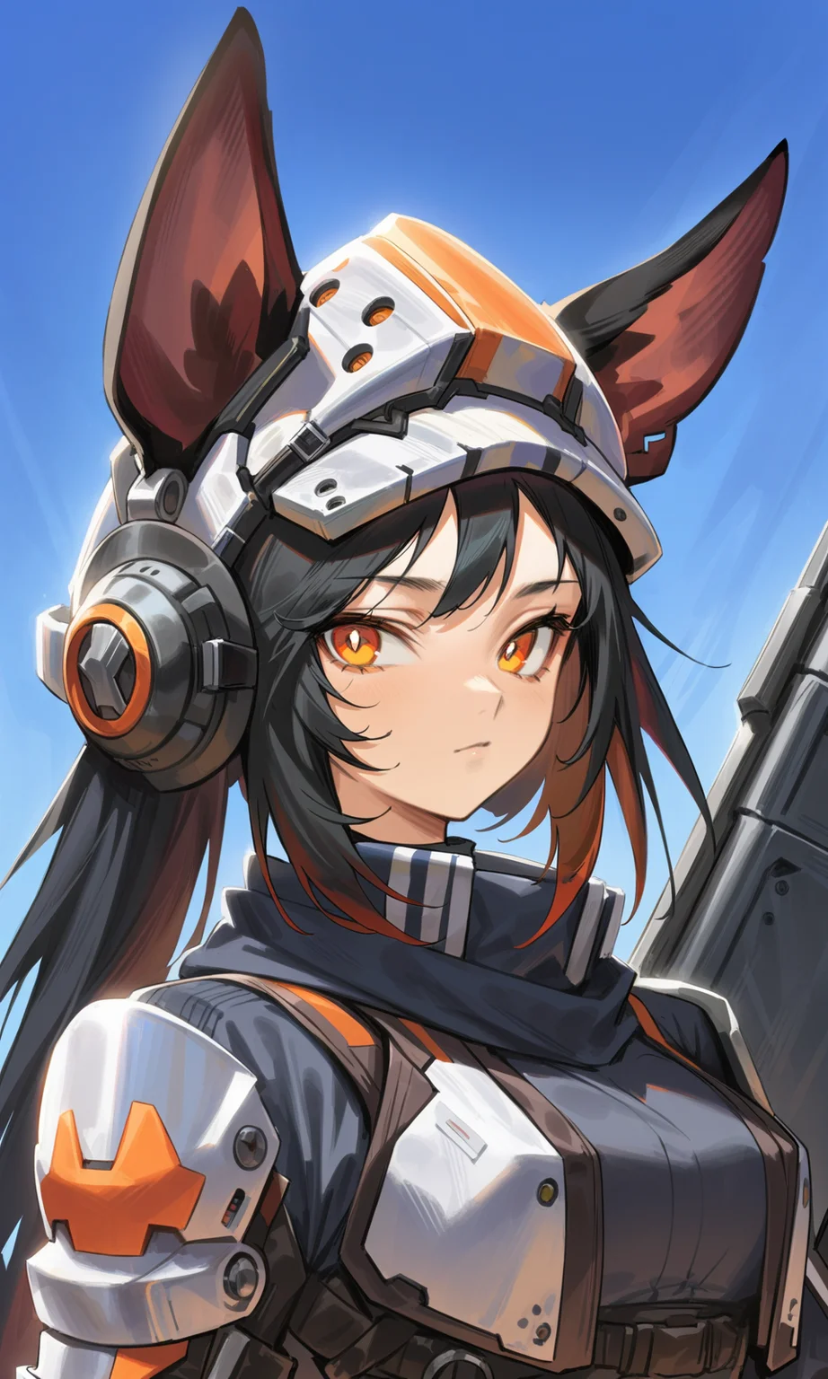 agoto, 1girl, solo, animal ears, black hair, helmet, standing, looking at viewer, orange eyes, upper body, portrait, outdoors, sky,
masterpiece, best quality, very aesthetic, absurdres,
<lora:Agoto_xl:1><lora:Fixhands_anime_bdsqlsz_V1:1>