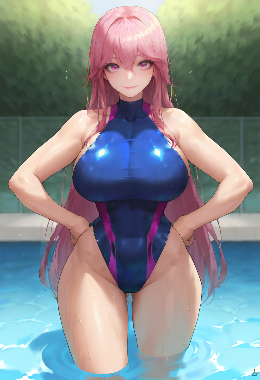 score_9, score_7_up,  1girl, 
huge breasts, wide hips, thick thighs, covered navel, blue one-piece swimsuit, smile, water, clenched hands, groin, pool, blush, highleg, wading, impossible clothes, thighs, pink hair, cleavage, pink eyes, hands on own hips, solo, impossible swimsuit, long hair, highleg swimsuit, very long hair, partially submerged, skin tight, one-piece swimsuit, looking at viewer, swimsuit, hair between eyes, casual one-piece swimsuit, breasts
 <lora:daeho_cha-Style-PonyXL-GLoRA+Final-000045:1>