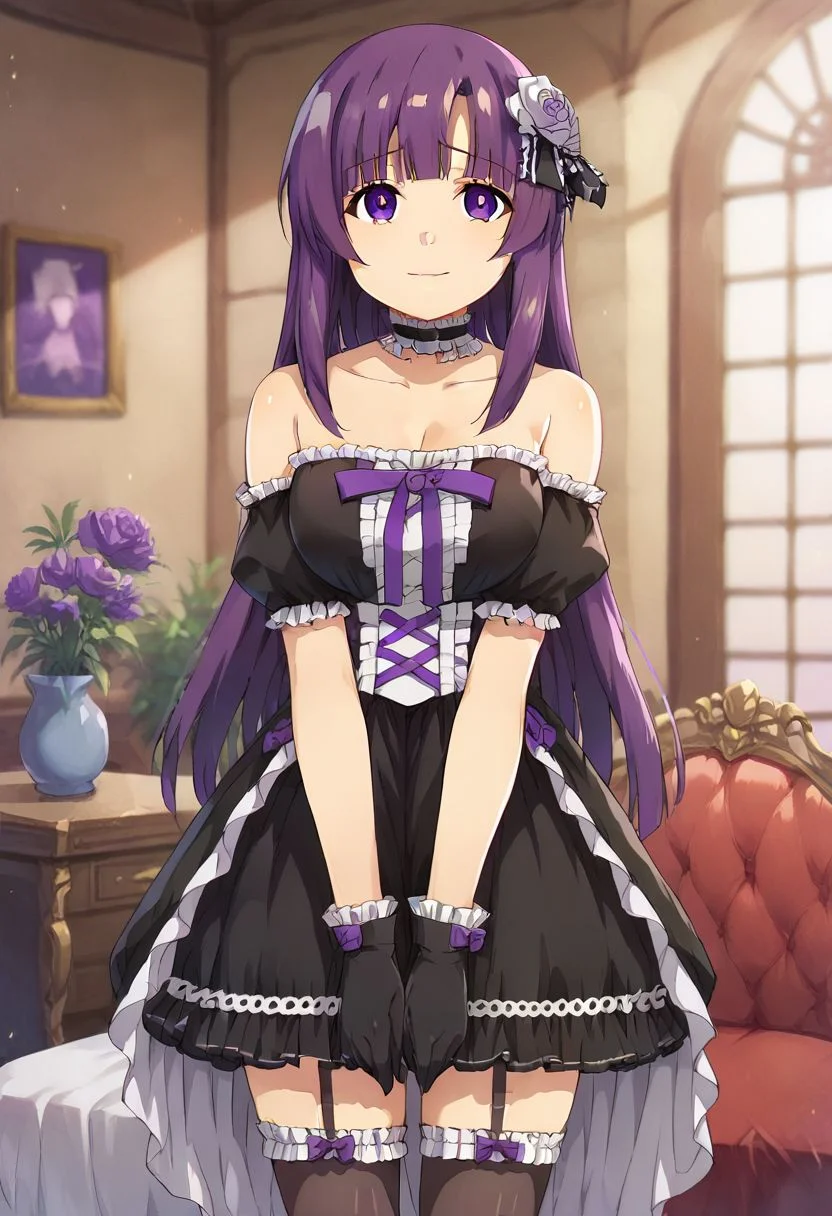 score_9, score_8_up, score_7_up, solo, 1girl, source_anime, masterpiece, depth of field, ultra detailed, beautiful detailed face, best quality, 8k, BREAK
fern, long hair, bangs, purple eyes, purple hair, sidelocks, blunt bangs, bright pupils, half updo,big breasts,
happy smile, indoors, Gothic dress, gloves, garter straps, thighhigh, zettai ryouiki, bare shoulders, black gloves, frills, strapless, hair ornament, choker