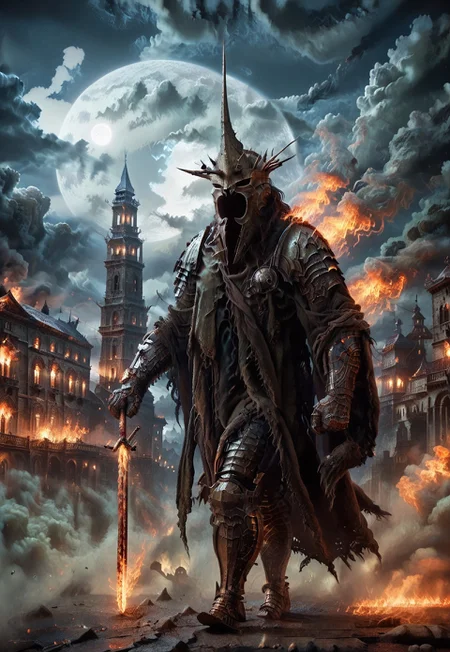 Score_9, score_8_up, score_7_up, (Witch King hidden face), looking at viewer, armored fell beast, helmet, holding sword, nigh, clouds, ancient city, ruined city, masked warrior, mordor, solo helmet, walking, night, moon, moonlight , full body view,(holding sword, spreaded arms, t pose:1.3), flaming sword, f1r3