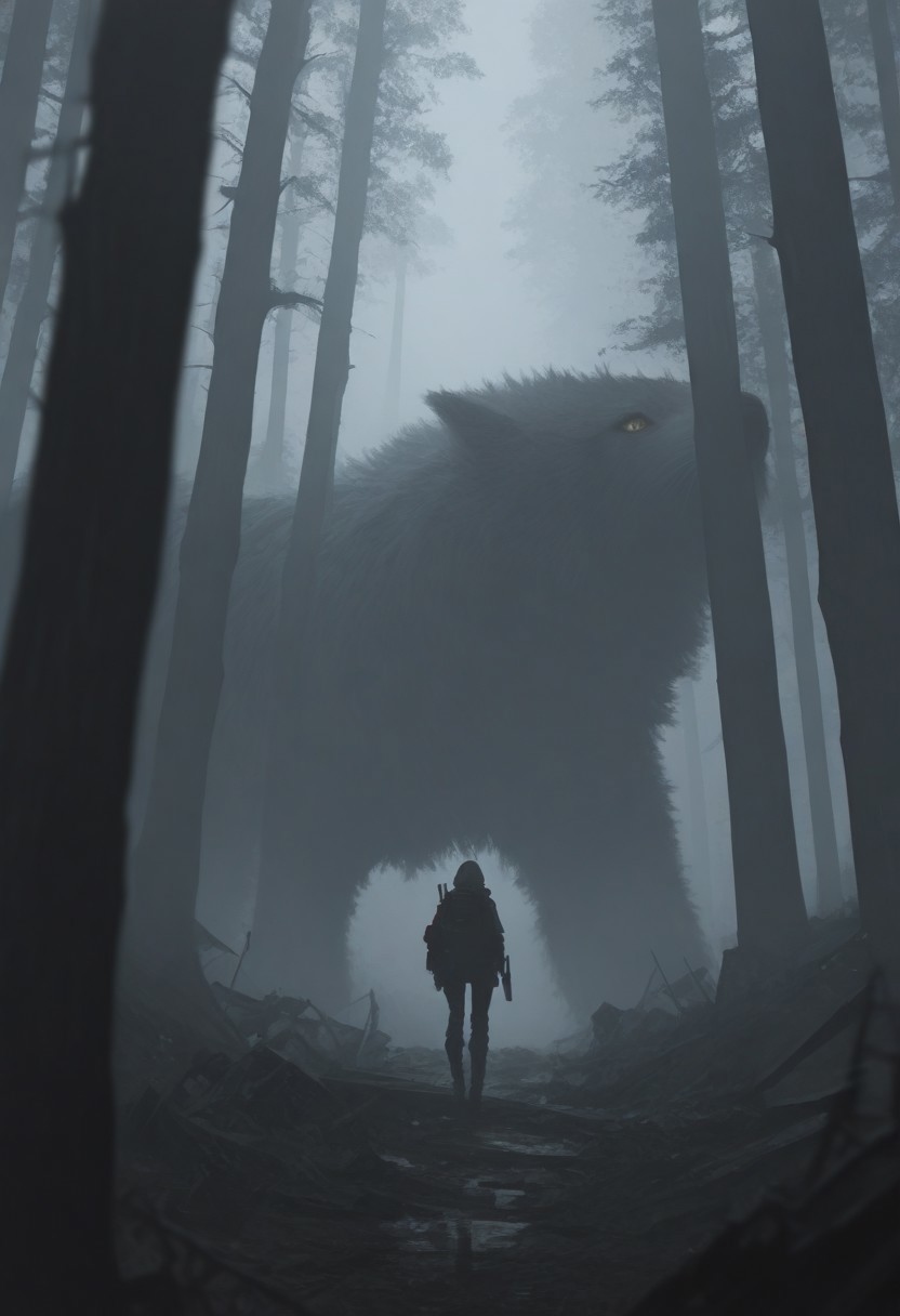 masterpiece, best quality, good quality, very aesthetic, absurdres, newest, 8K, depth of field, focused subject, 1girl, solo, hunting, asymmetrical forest , tree, ruins, fog, science fiction,
in the style of ckjs