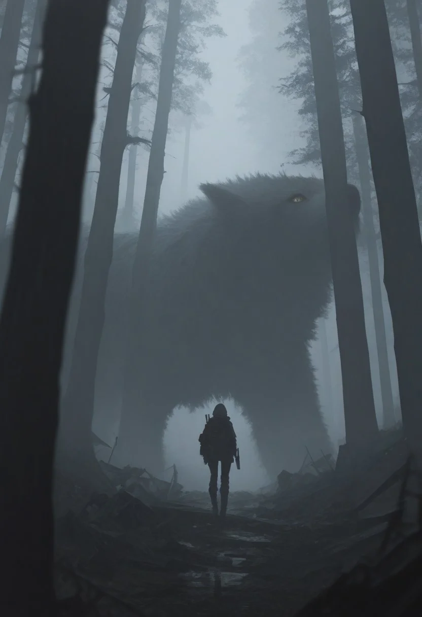 masterpiece, best quality, good quality, very aesthetic, absurdres, newest, 8K, depth of field, focused subject, 1girl, solo, hunting, asymmetrical forest , tree, ruins, fog, science fiction,
in the style of ckjs