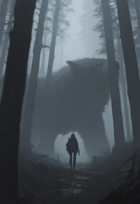 masterpiece, best quality, good quality, very aesthetic, absurdres, newest, 8K, depth of field, focused subject, 1girl, solo, hunting, asymmetrical forest , tree, ruins, fog, science fiction,
in the style of ckjs