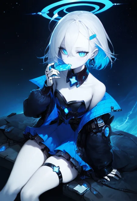 rating_explicit, masterpiece, absurdres, (high quality), detailed skin, detailed character design, ultra-high resolution, perfectly composed, clear, breathtaking attention to detail, highres, ultra detail, solo,
BREAK
(score_9, score_8_up, score_7_up), (Masterpiece), (expressive eyes), 1girl, visor,
single earring, detached collar, off shoulder, bare shoulders, coat, long sleeves, puff sleeves, dress, blue dress, thigh strap, sitting, leaning forward, starry sky,
Automaton, colored skin, (white_skin:2.0), (joints:), white hair, blue eyes, glowing blue eyes, <lora:MGE_V5.1:0.5>
BREAK
score_9, score_8_up, score_7_up, score_6_up, score_5_up, <lora:frengXLP:1> freng, 1girl,